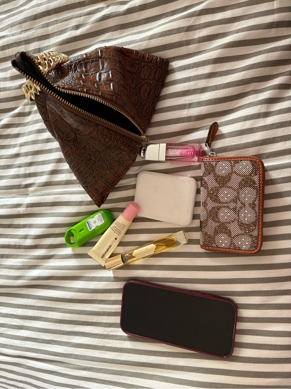 Triangle brown fauk croc skin wristlet pouch